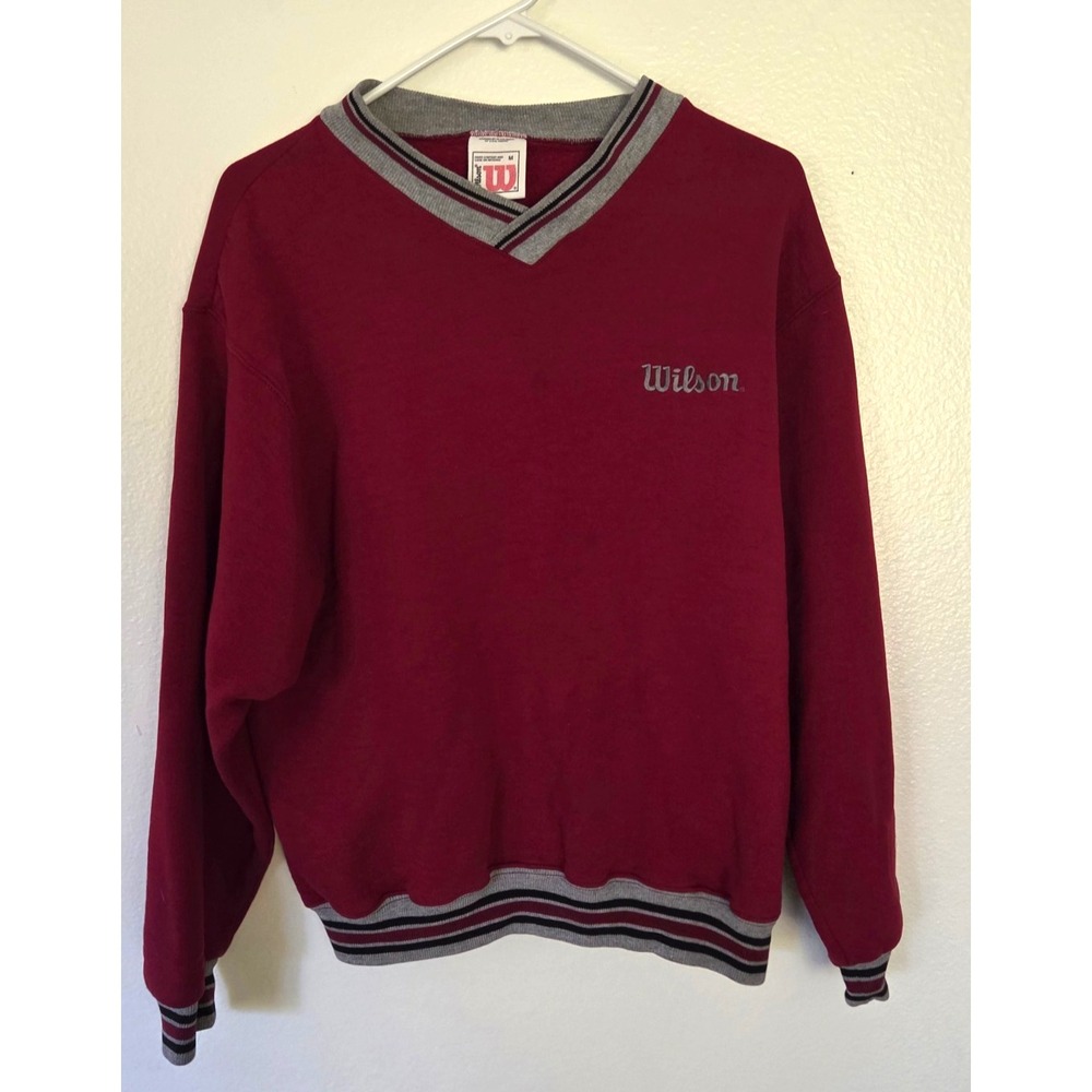 Vintage Wilson Pinstripe V Neck Sweatshirt Maroon Striped Trim USA Fabric Adult